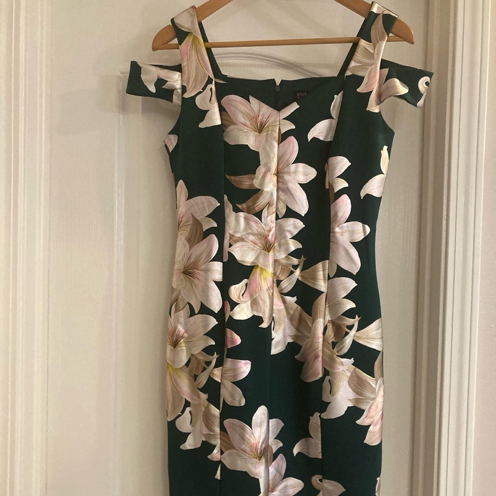Elegant Enfocus Studio off Shoulder Dress - Green with Pink and Cream Floral
